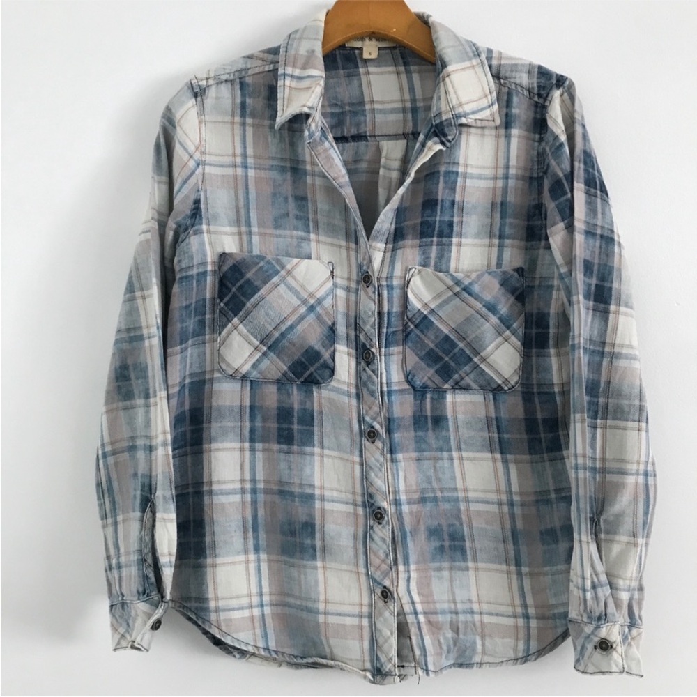 CLOTH & STONE WOMENS SHIRT BLUE PLAID BUTTON FLEECE LONG SLEEVE SMALL
